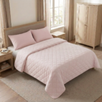 Cubrecamas de algodon reversible color rosado bebe y estrellas