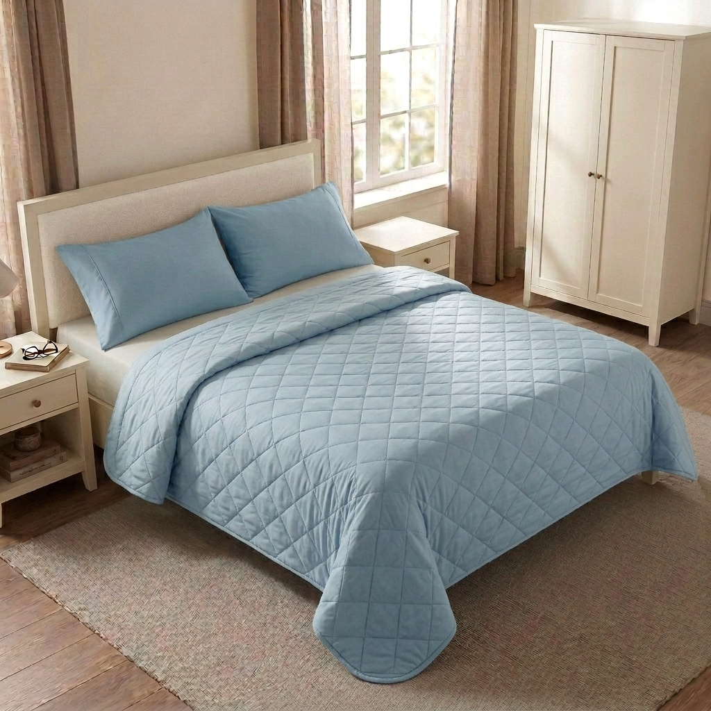cubrecama de algodon pima de 200 hilos color stone blue diseño rombo Cubrecama de algodon tela con tela color stone blue diseño rombo - Imagen 1