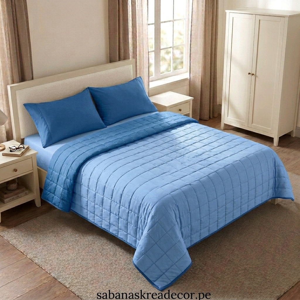 cubrecama reversible color azul placido y simply denin acero Cubrecamas de verano reversible color azul y simply con diseño cuadritos - Imagen 1