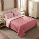 Cubrecamas de verano reversible color palo rosa y rosedal con diseño cuadritos