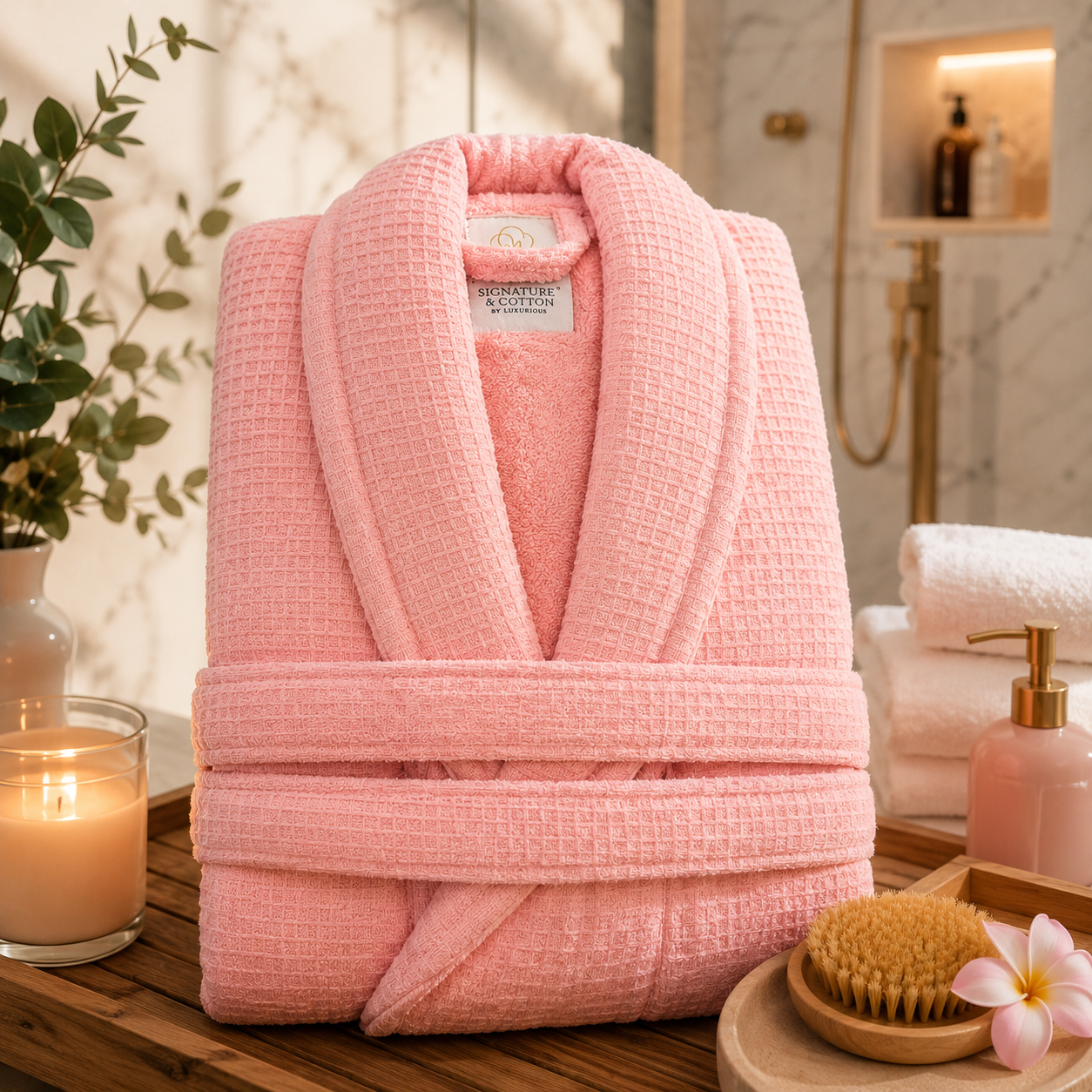Bata diseño waffle color rosedal larga 650gr Salida de Baño waffle color rosedal de 650 gramos - Imagen 1