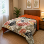 Edredon reversible tela con tela color rust y diseño plumas